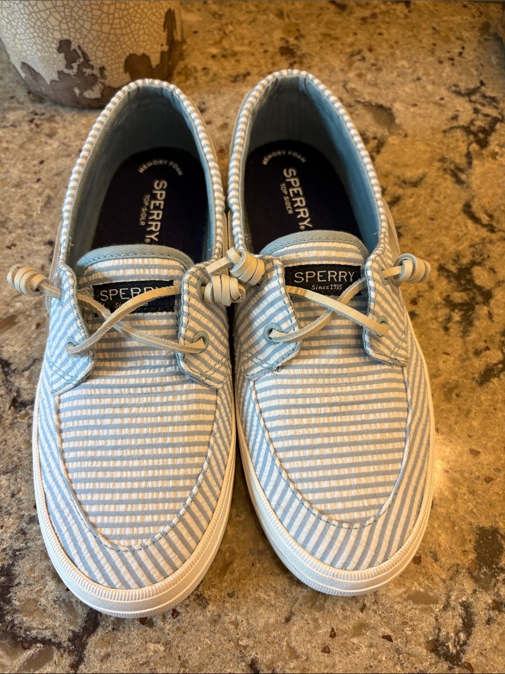 Sperry Light Blue and White Striped Boat Shoes